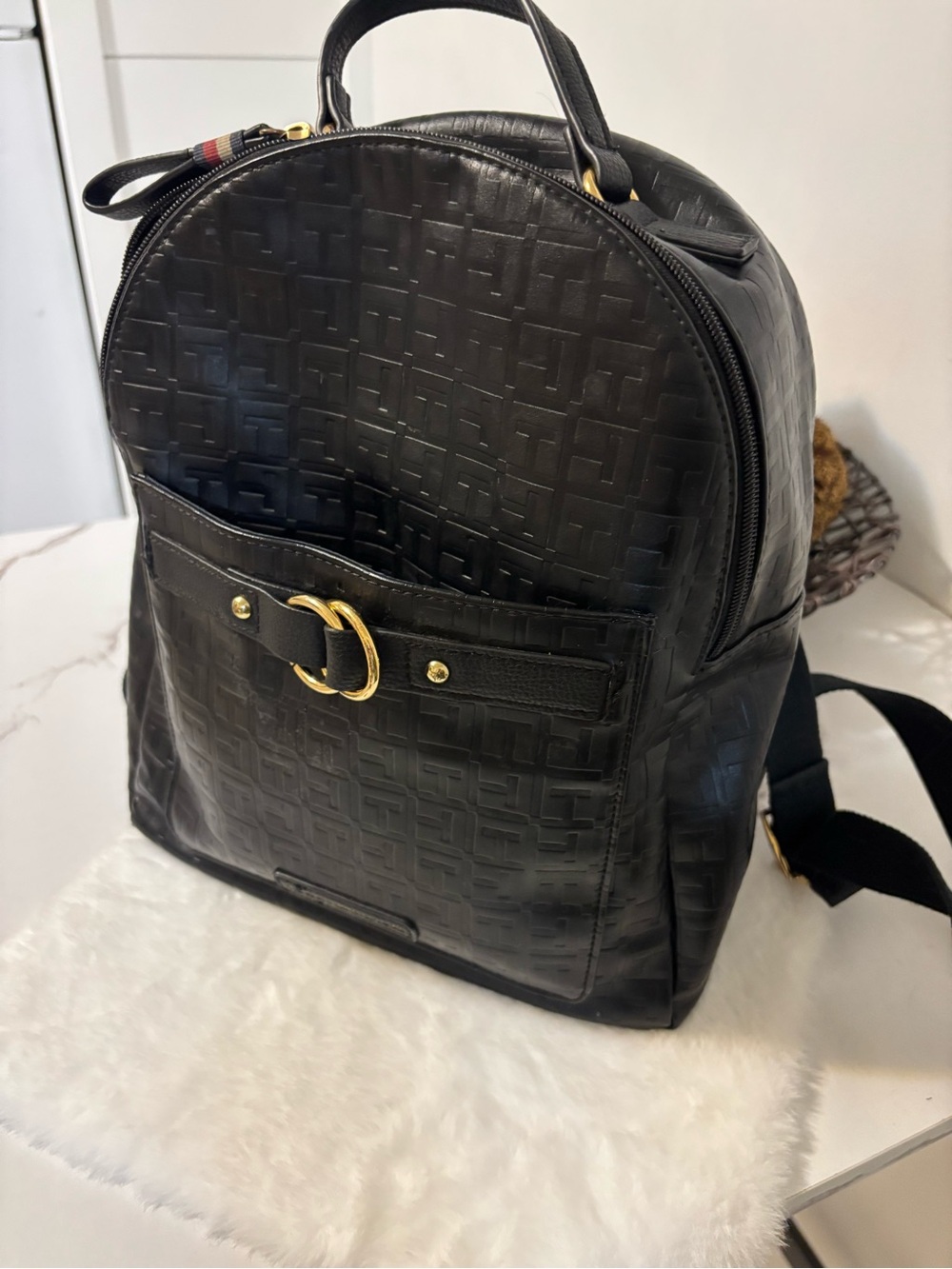 Tommy Hilfiger Black Textured Faux Leather Backpack with Gold Hardware